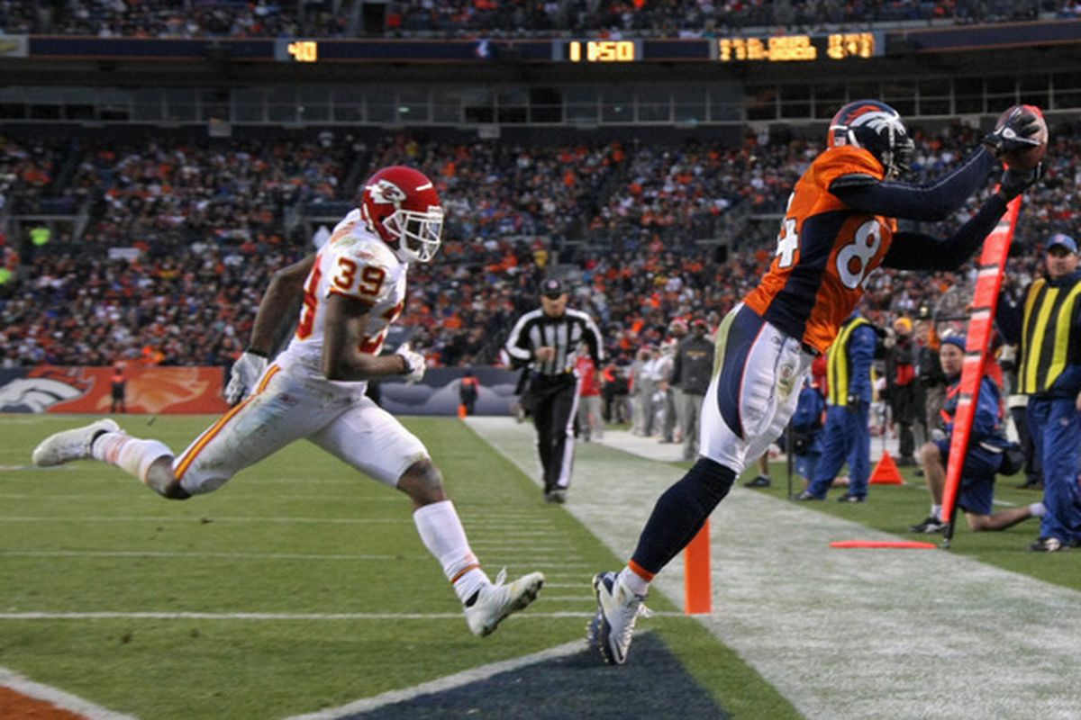 DENVER - NOVEMBER 14:  Brandon Lloyd had a career year in 2010. Were he and the other receivers the strongest squad in Denver last year?  (Photo by Doug Pensinger/Getty Images)