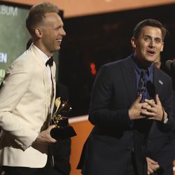 Benj Pasek, right, and Justin Paul accept the best musical theater album award for "Dear Evan Hansen" at the 60th annual Grammy Awards at Madison Square Garden on Sunday, Jan. 28, 2018, in New York. A touring production of the hit musical will come to the Eccles Theater for their 2019-20 season.