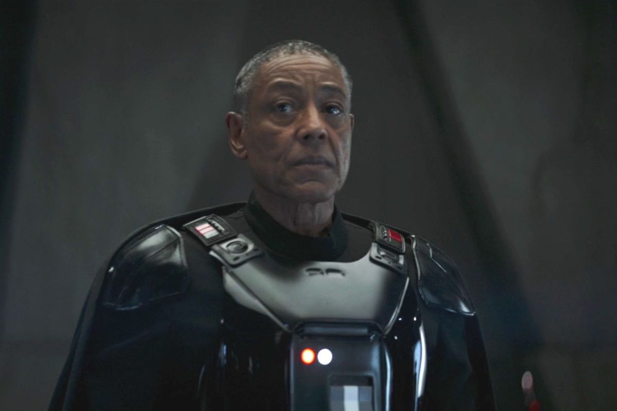Giancarlo Esposito as Moff Gideon in The Mandalorian wearing a suit of Beskar armor