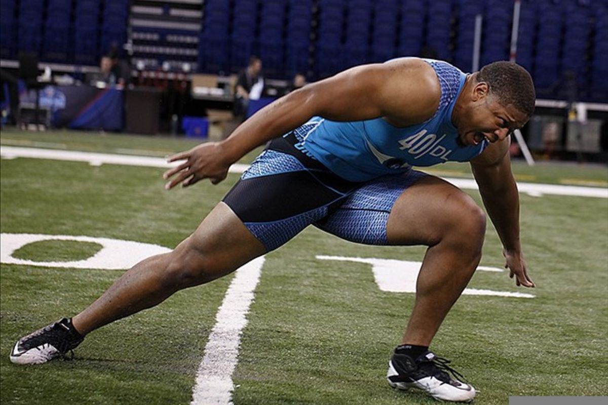 Feb 27, 2012; Indianapolis, IN, USA; Southern California Trojans defensive lineman Nick Perry does the shuttle run during the NFL Combine at Lucas Oil Stadium. Mandatory Credit: Brian Spurlock-US PRESSWIRE
