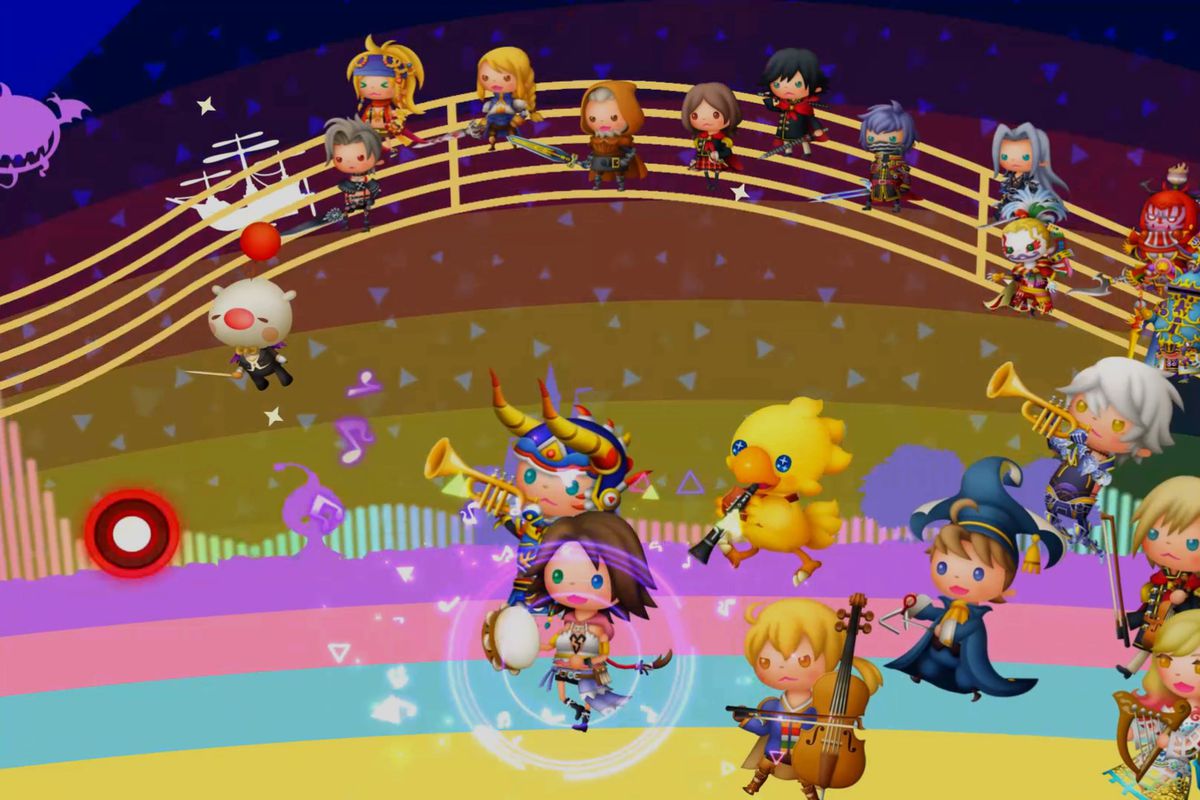 The Warrior of Light in Theatrhythm Final Bar Line toots a trumpet as he leads many other Final Fantasy protagonists 