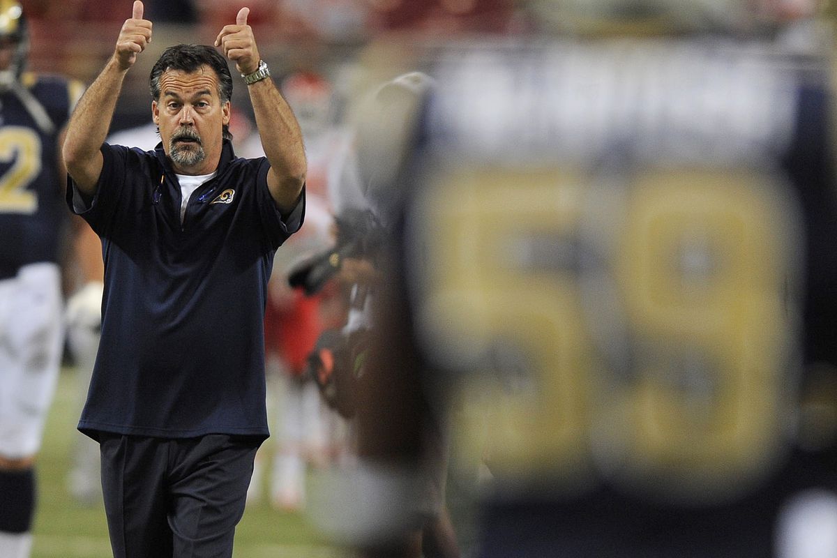 August 18, 2012; St. Louis, MO, USA; St. Louis Rams head coach Jeff Fisher looks on as his team warms up before a game against the Kansas City Chiefs at the Edward Jones Dome. Mandatory Credit: Jeff Curry-US PRESSWIRE
