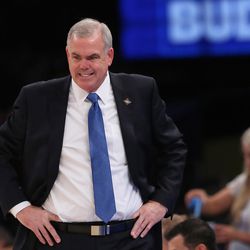 Brigham Young Cougars head coach Dave Rose grimaces as BYU and Valparaiso play in NIT semifinal action at Madison Square Garden in New York City Tuesday, March 29, 2016.