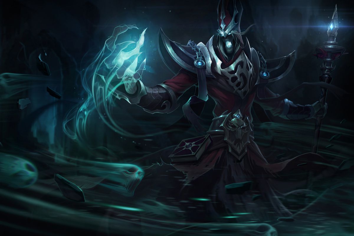 Karthus stands with his staff glowing and his hands full of dark magical energy