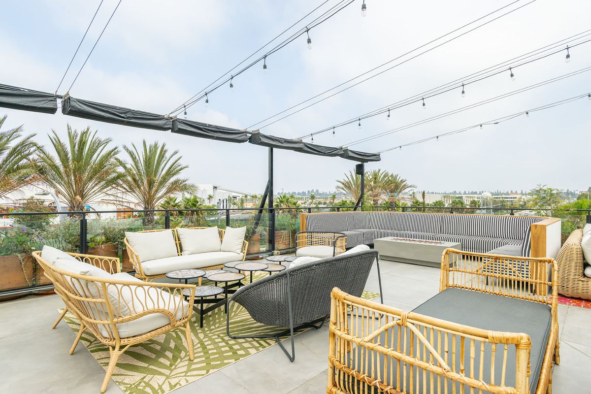 Roof seating area at Cork &amp; Batter restaurant in Inglewood, California.