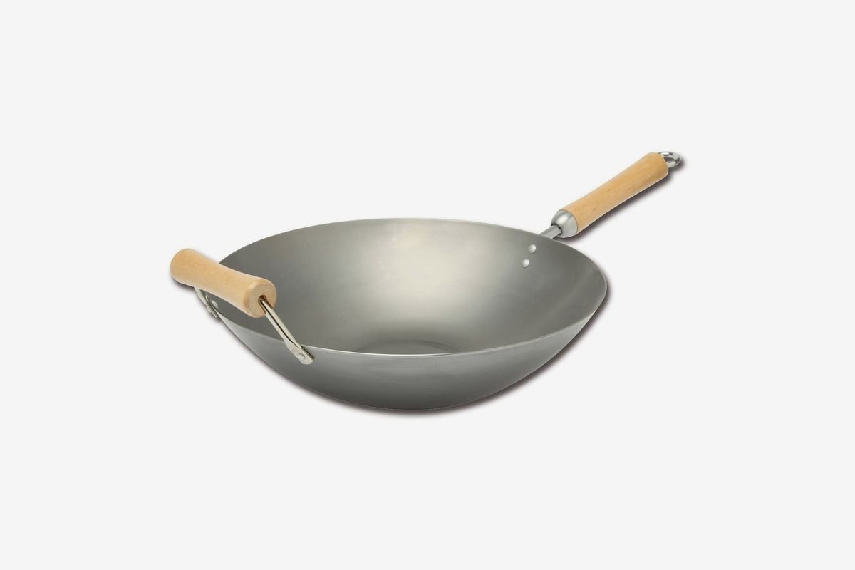 Wok with wooden handles.