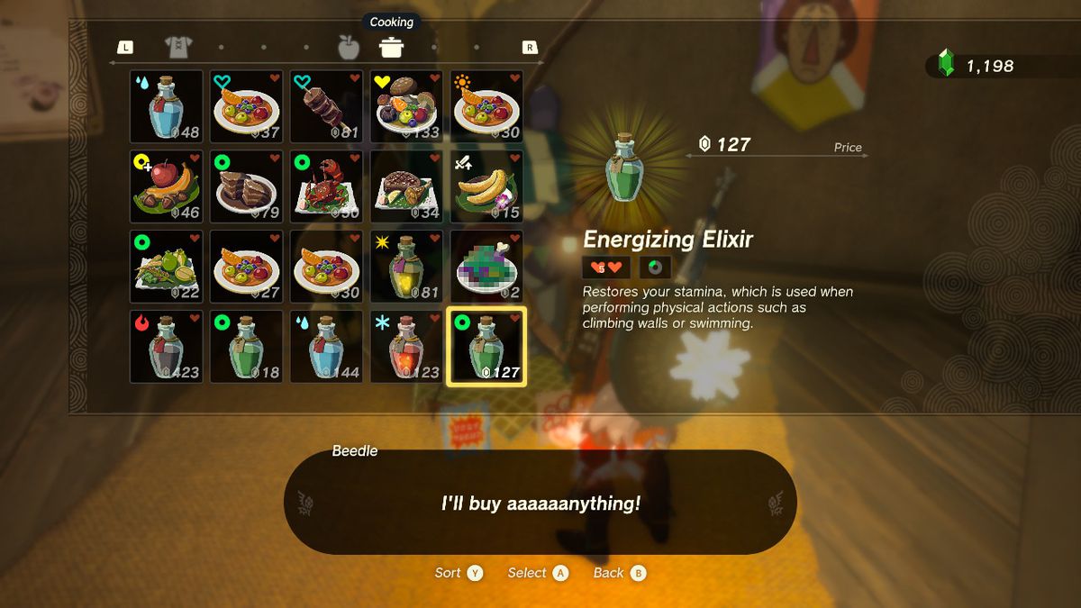 A screenshot of a vendor screen in Zelda: Tears of the Kingdom, highlighting an Energizing Elixir up for sale at 127 rupees