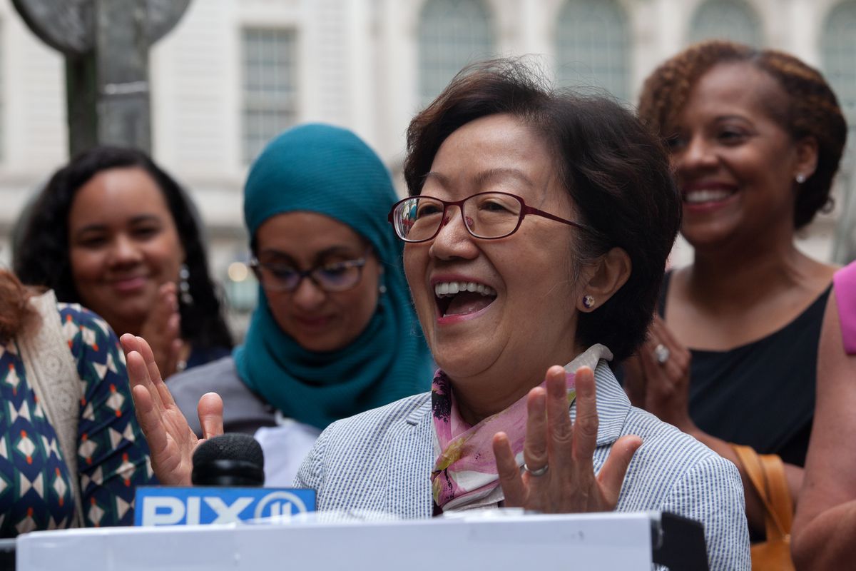 Manhattan Councilmember Margaret Chin speaks at a rally in City Hall Park supporting female candidates, July 13, 2021.