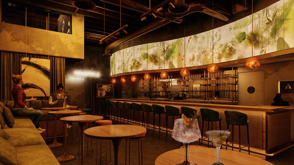A rendering of a bar and lounge.