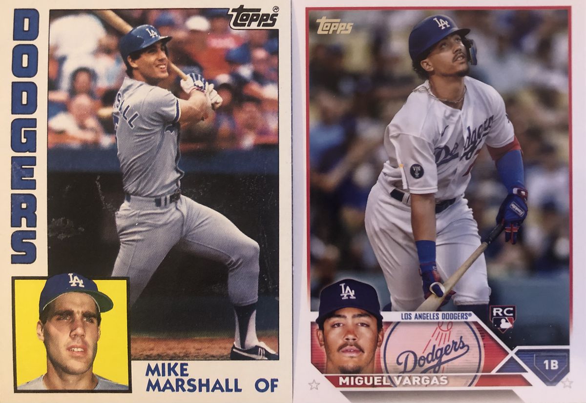 The 1984 Topps baseball card of Mike Marshall, and the 2023 Topps card of Miguel Vargas.