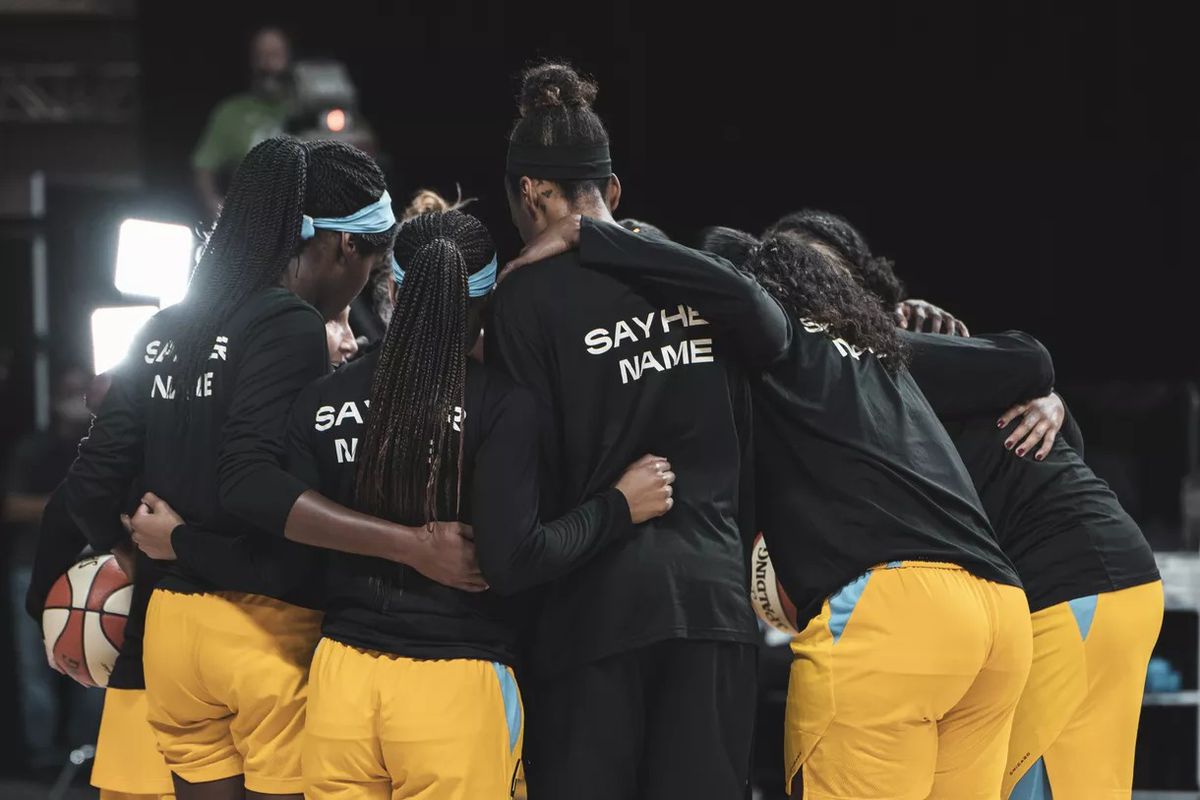 Sky players wore warmup shirts that said “Breonna Taylor” on the front and “Say her name” on the back for the team’s 2020 season opener against the Aces.&nbsp;