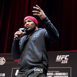Yoel Romero talks to the crowd at UFC 225 open workouts.