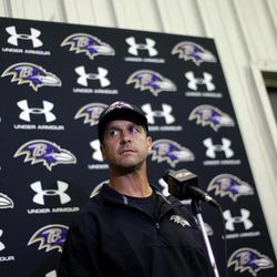Baltimore Ravens head coach John Harbaugh speaks at a news conference after NFL football practice at the team's practice facility in Owings Mills, Md., Thursday, June 13, 2013. 