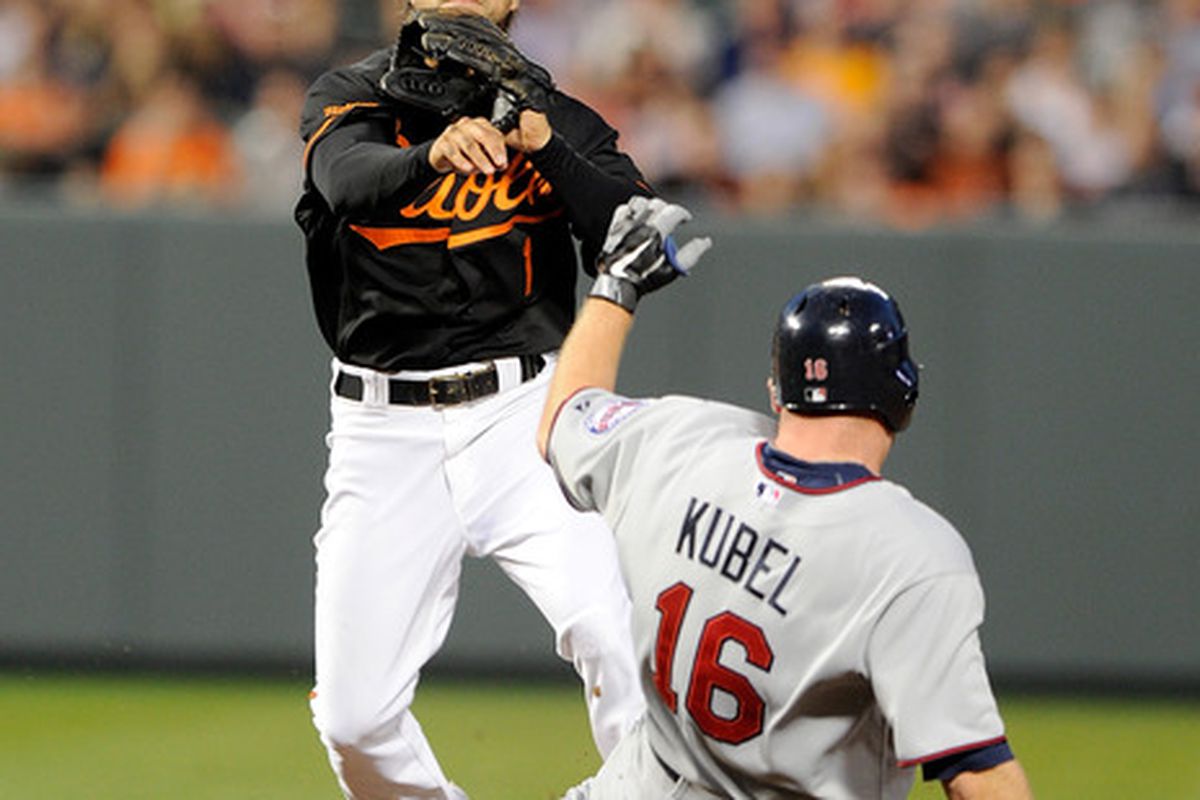 BALTIMORE, MD - APRIL 20:  Brian Roberts #1 of the Baltimore Orioles forces out Jason Kubel #16 of the Minnesota Twins to start a double play at Oriole Park at Camden Yards on April 20, 2011 in Baltimore, Maryland.  (Photo by Greg Fiume/Getty Images)
