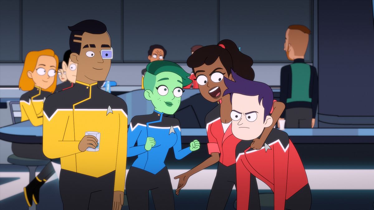 The cast of Lower Decks, the animated Star Trek series, roughhouses and goofs off on their starship. 
