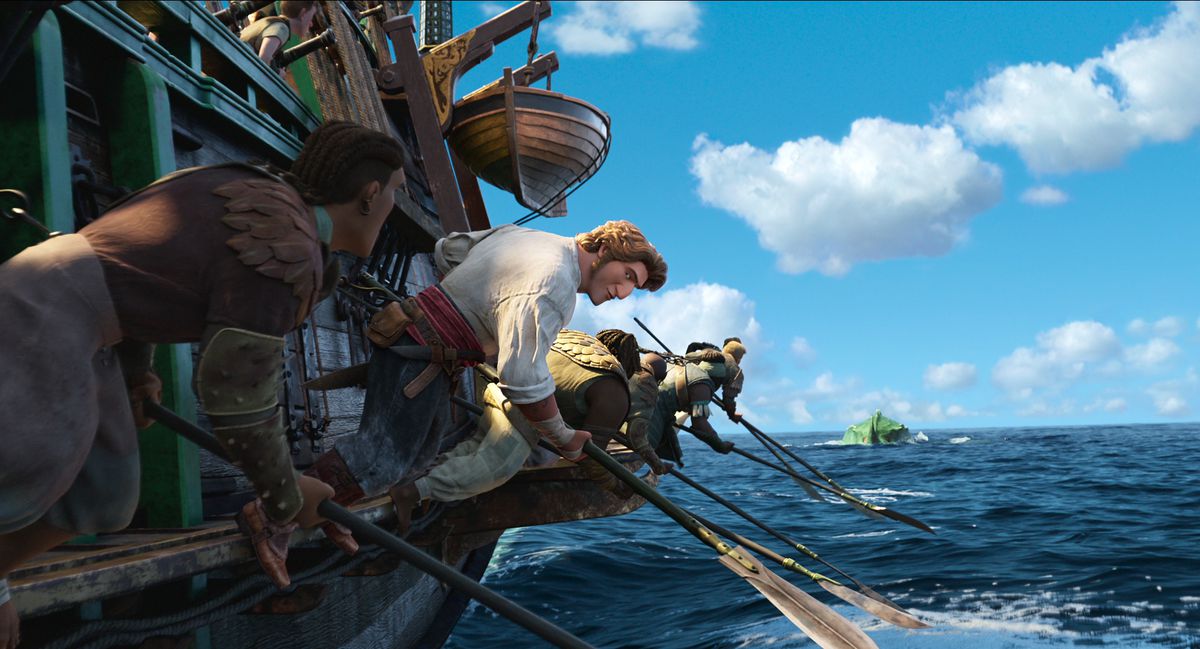 A group of sailors rowing a sailing ship in Netflix’s animated movie The Sea Beast