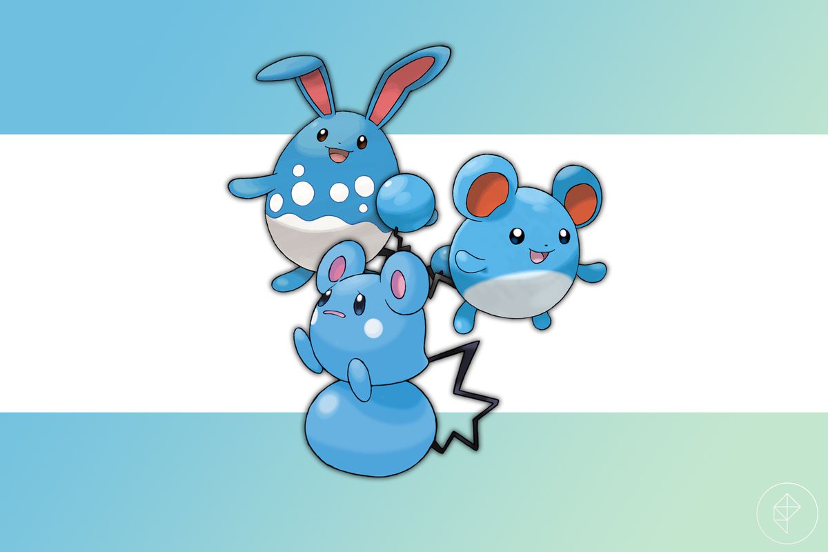 Azurill, Marill, and Azumarill on a blue and green gradient background