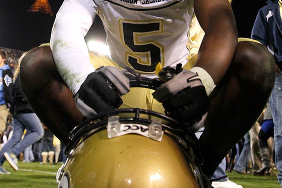 ATLANTA, GA - OCTOBER 29:  Stephen Hill #5 of the Georgia Tech Yellow Jackets reacts after their 31-17 win over the Clemson Tigers at Bobby Dodd Stadium on October 29, 2011 in Atlanta, Georgia.  (Photo by Kevin C. Cox/Getty Images)