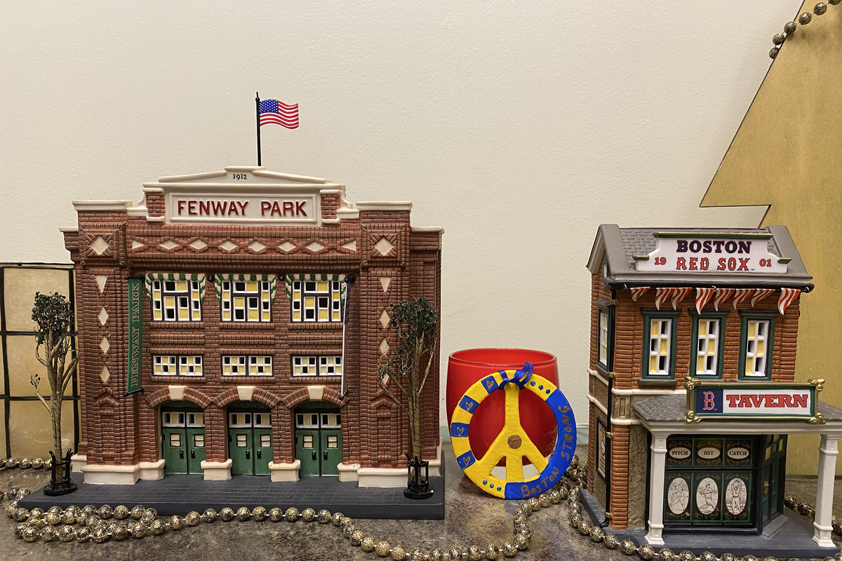 Boston Red Sox holiday decorations include a ballpark replica, a Red Sox-themed tavern and a Christmas tree ornament.