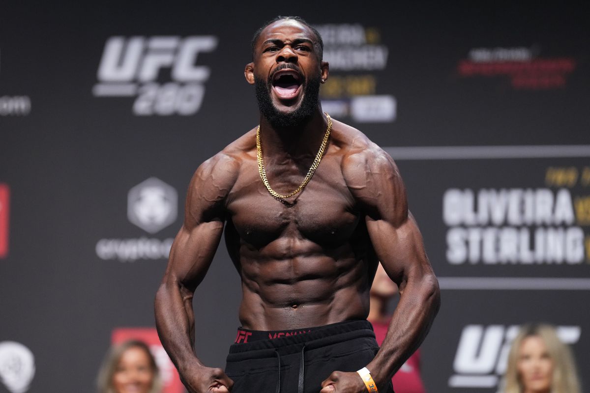 Aljamain Sterling poses during the ceremonial weigh-ins for UFC 280.