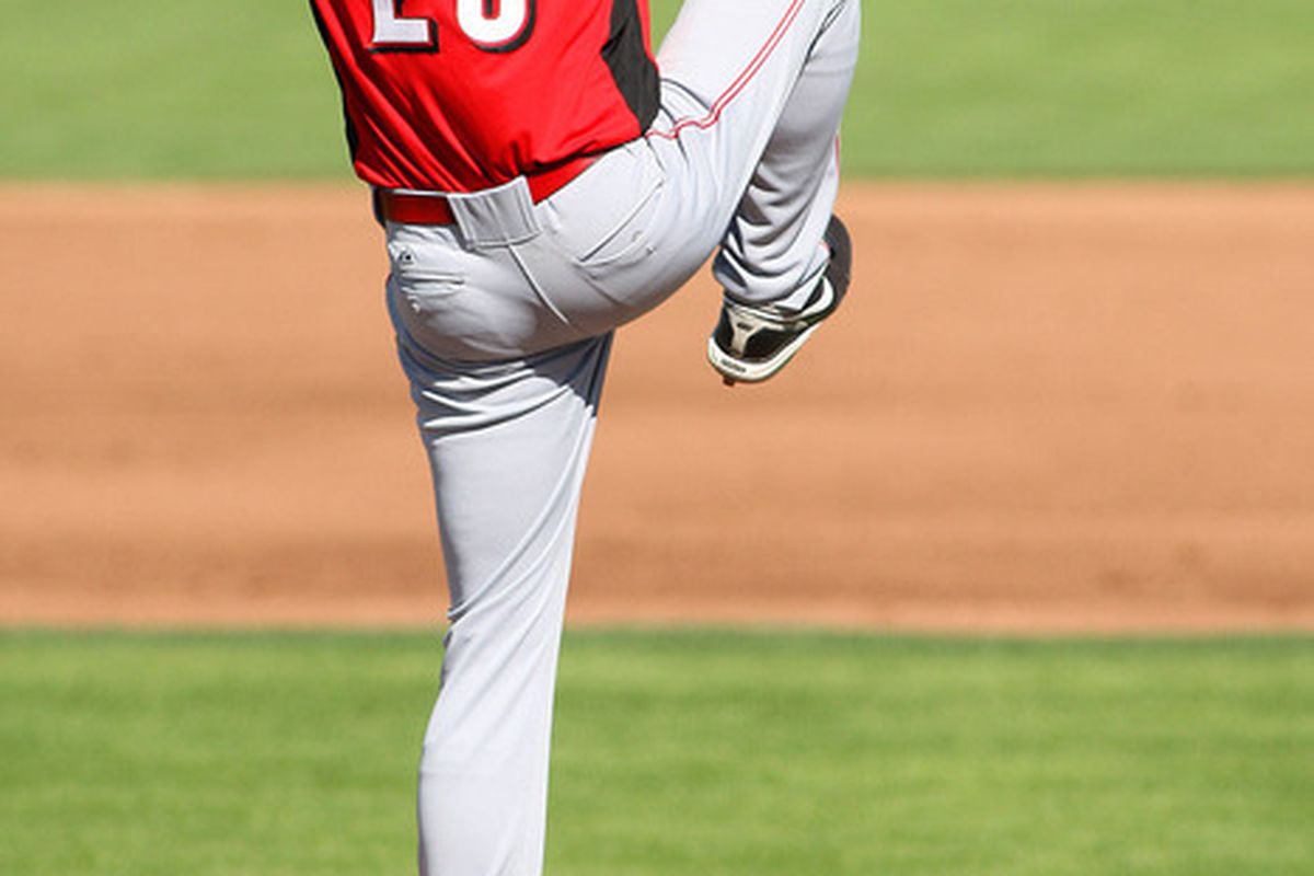 Mar 31, 2012; Scottsdale, AZ, USA; Cincinnati Reds pitcher Jeff Francis pitches during the second inning against the San Francisco Giants at Scottsdale Stadium.  Mandatory Credit: Jake Roth-US PRESSWIRE
