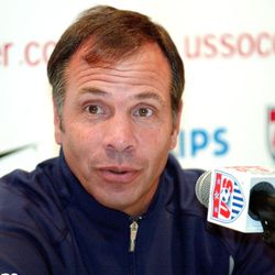 FILE - In this June 12, 2002, file photo, Bruce Arena, head coach of the U.S soccer team, addresses a questions during a news conference at the team's hotel in Seoul, South Korea, in advance of a World Cup match against Poland. Arena is returning to coach the U.S. national team, a decade after he was fired.  The winningest coach in American national team history, Arena took over Tuesday, Nov. 22, 2016, one day after Jurgen Klinsmann was fired.  
