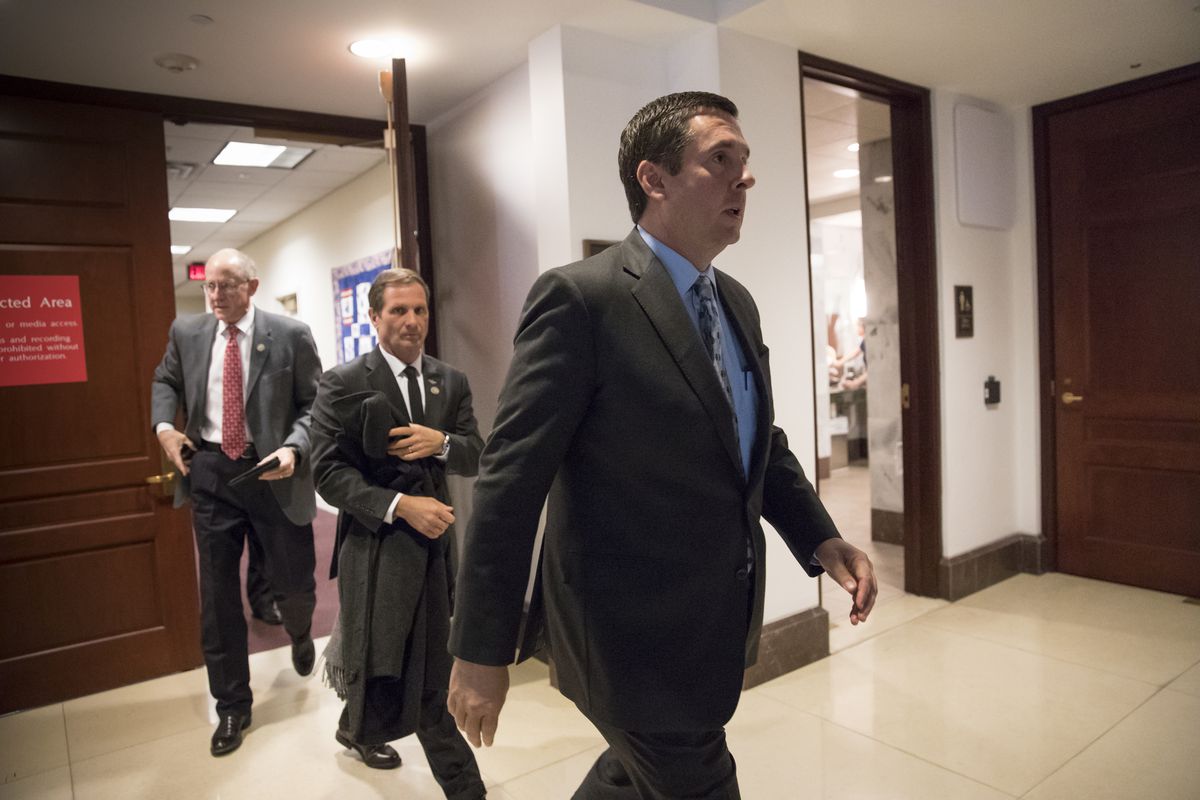 House Intelligence Committee Chairman Devin Nunes, R-Calif., followed by Rep. Chris Stewart, R-Utah, and Rep. Mike Conaway, R-Texas, far left, leave the secure area where the panel was wrapping up its inquiry into Russian meddling in the 2016 election, on