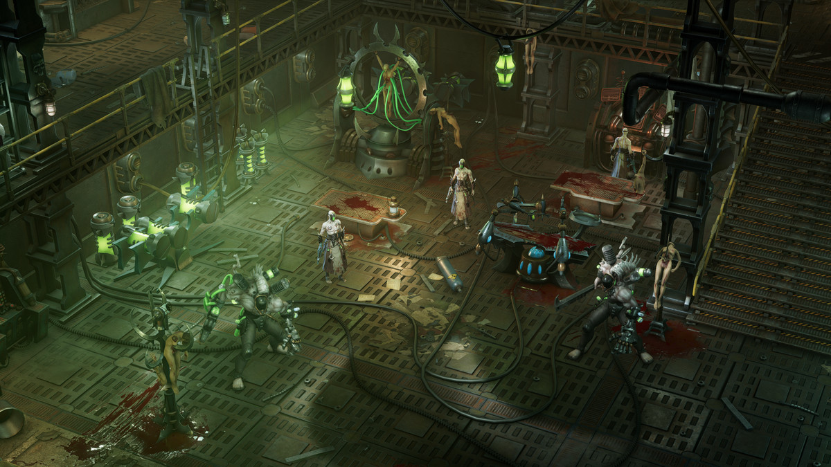 A nefarious room for scientific experiments, with gurneys and green lighting, in the world of Warhammer 40,000: Rogue Trader