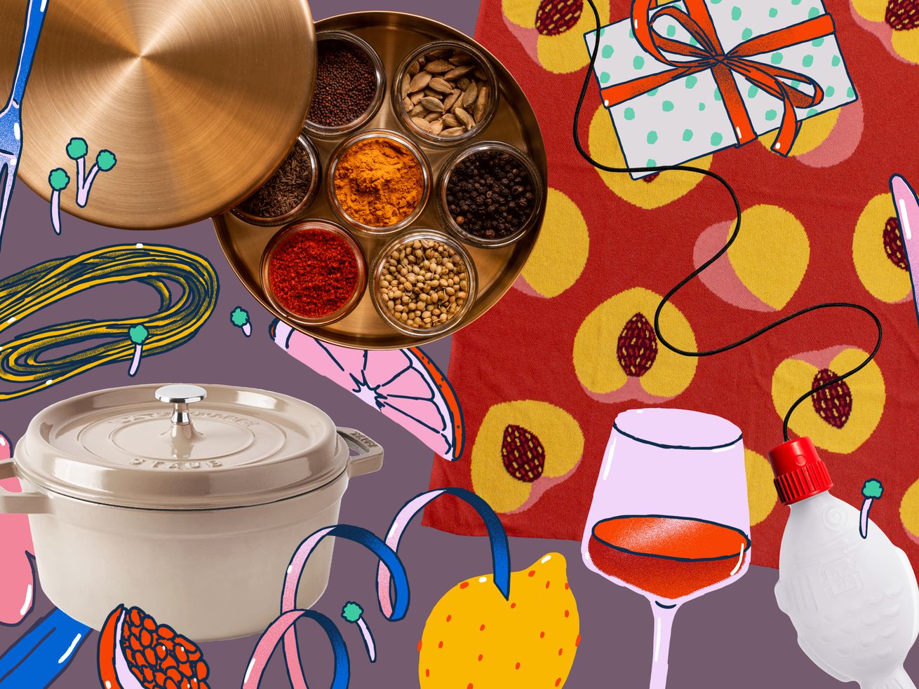 Various items, including a cocotte, tin of spices, and colorful blanket, on top of an illustrated background.