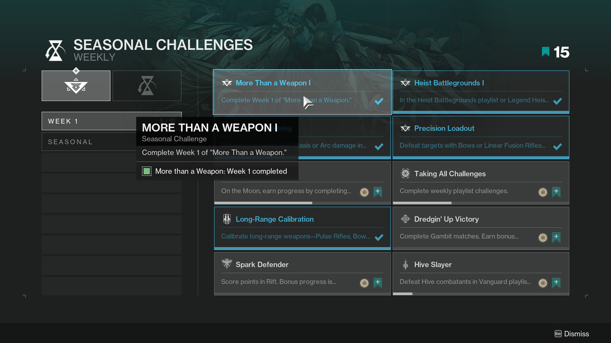 A menu screen of the Seasonal Challenges in Destiny 2