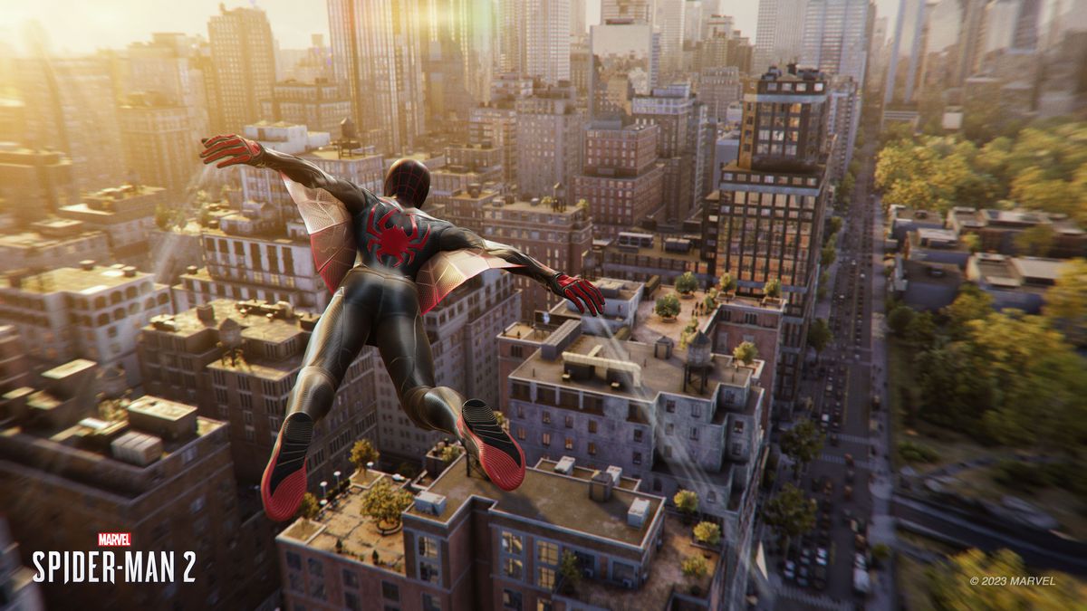 Miles Morales flies through the sky in Spider-Man 2