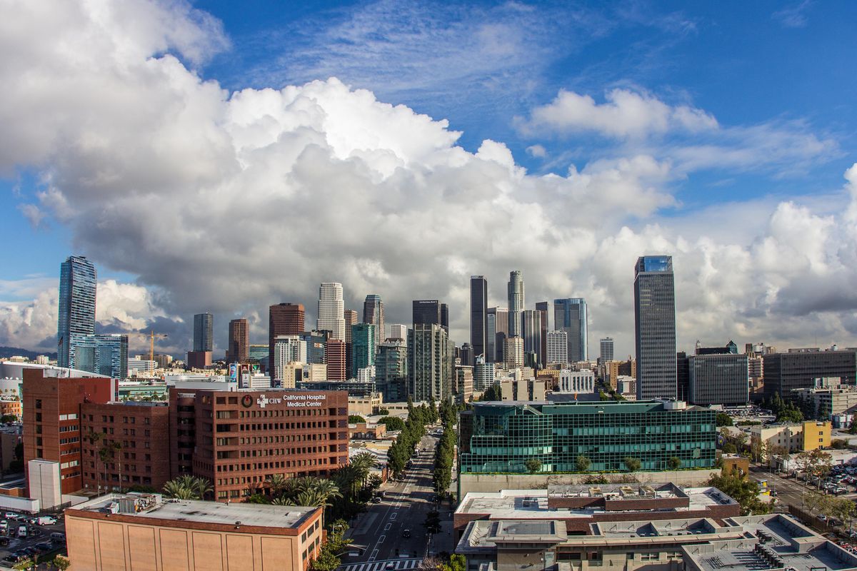 A photo of Downtown Los Angeles in the daytime, as seen from the south.