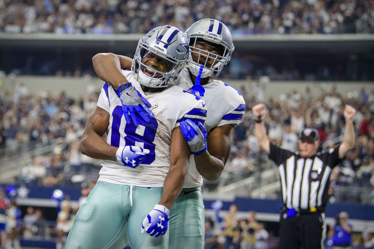 Cowboys wide receiver Randall Cobb and wide receiver Amari Cooper celebrate a touchdown against the New York Giants at AT&amp;amp;T Stadium.