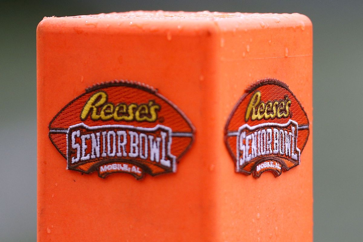 Reese’s The Reese’s logo is seen during the Reese’s Senior Bowl at Ladd-Peebles Stadium on January 27, 2018 in Mobile, Alabama. Bowl