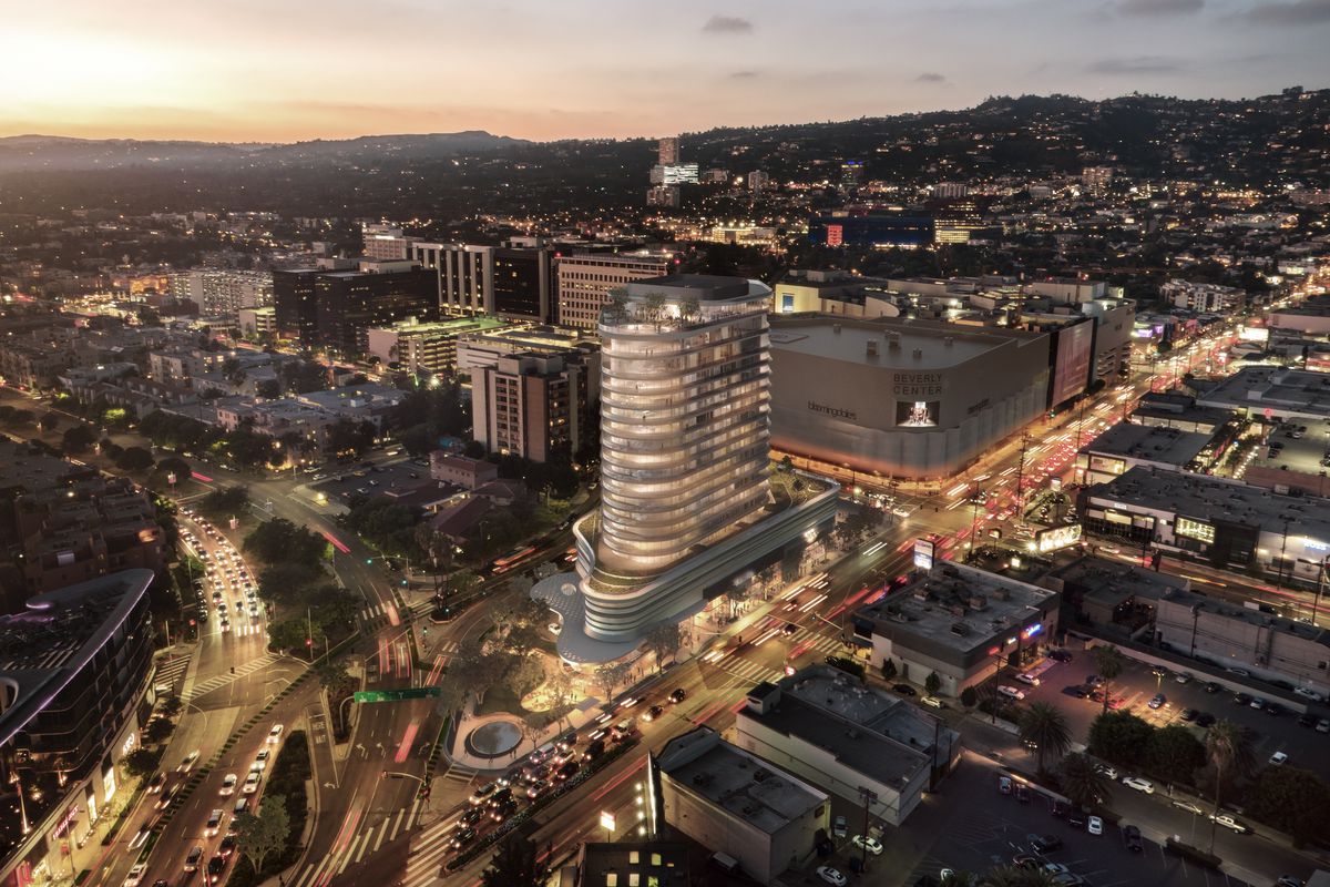 A rendering of the 333 La Cienega project at night. 