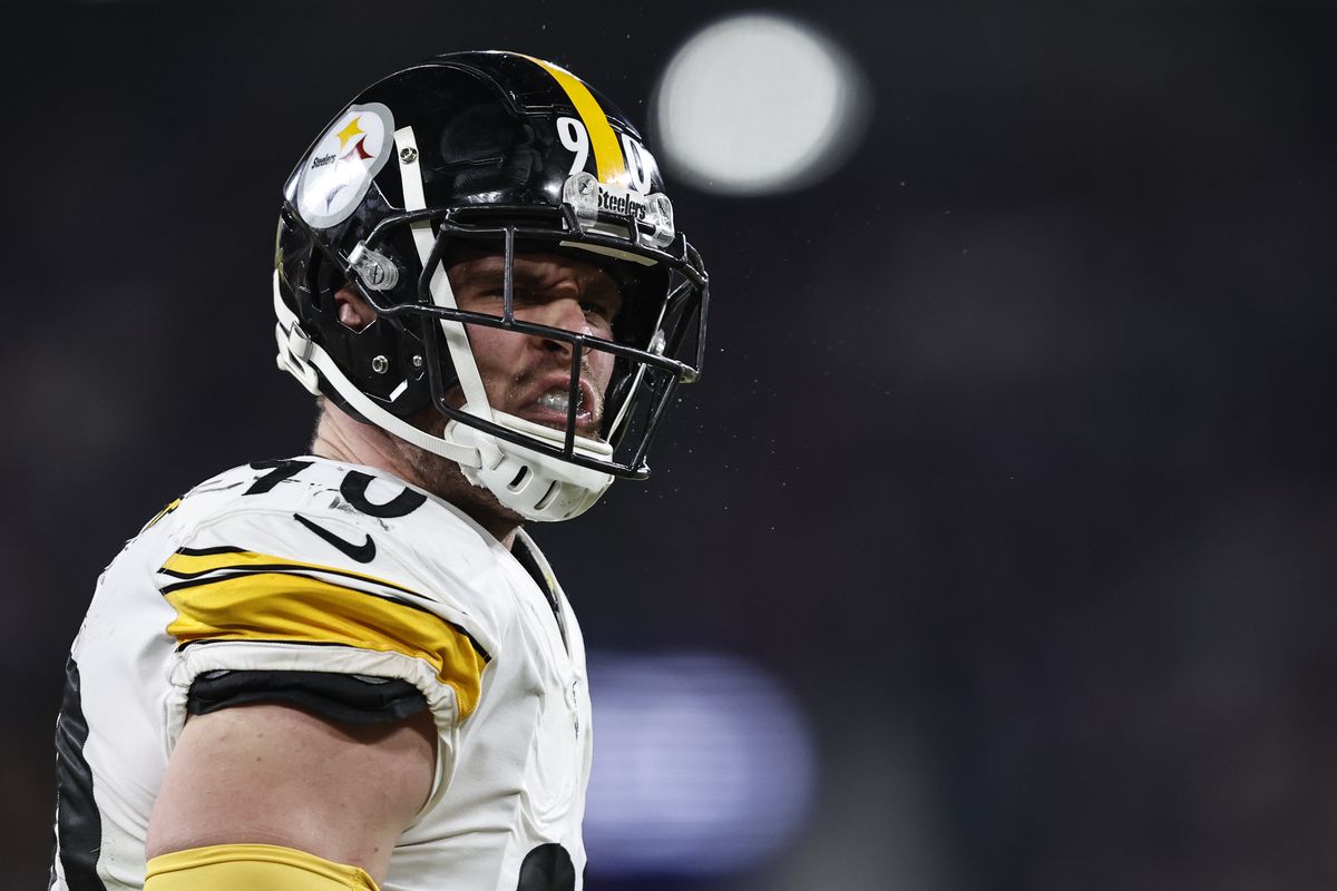 T.J. Watt #90 of the Pittsburgh Steelers reacts after making a sack during an NFL football game between the Baltimore Ravens and the Pittsburgh Steelers at M&amp;T Bank Stadium on January 01, 2023 in Baltimore, Maryland.