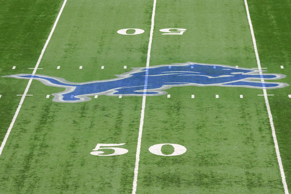 A general view of the Detroit Lions logo on the field is seen during a regular season NFL football game between the Buffalo Bills and the Detroit Lions on Thanksgiving Day on November 24, 2022 at Ford Field in Detroit, Michigan.