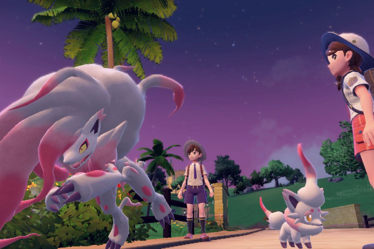 Two Pokémon trainers stand next to Hisiuan Zorua and Zoroark under a dark purple sky.