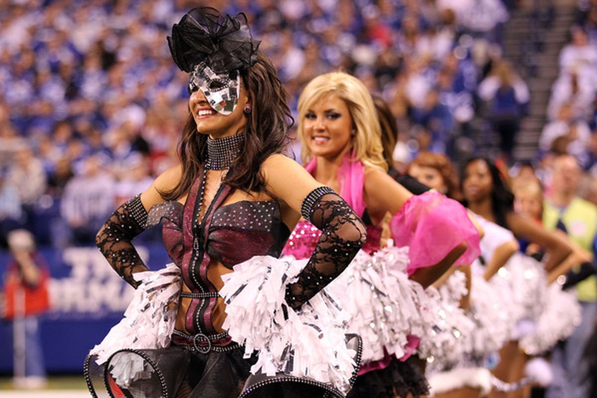 INDIANAPOLIS - NOVEMBER 01:   Indianapolis Colts cheerleaders perform during the NFL game against the Houston Texans  at Lucas Oil Stadium on November 1 2010 in Indianapolis Indiana.  (Photo by Andy Lyons/Getty Images)