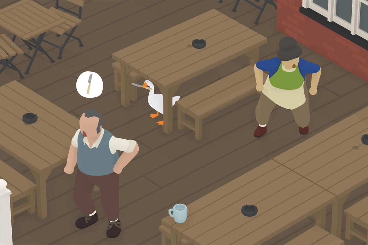 An illustration of a goose standing under a table, holding a knife, while two people search for the knife