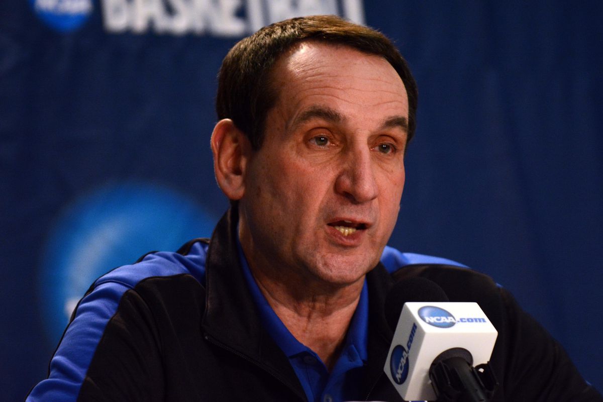 Coach K speaking to the media during the NCAA tournament.