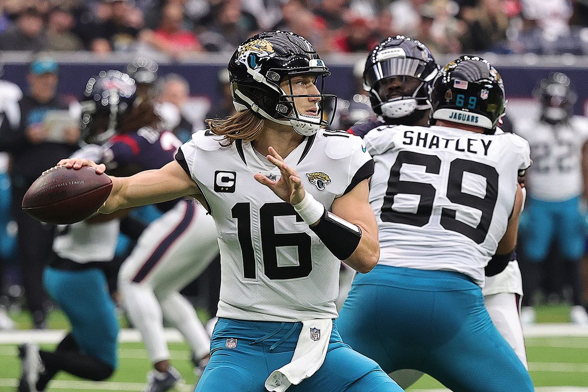 Trevor Lawrence of the Jacksonville Jaguars throws a pass against the Houston Texans at NRG Stadium on January 01, 2023 in Houston, Texas.