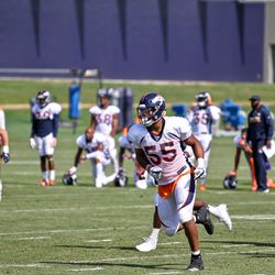 Broncos rookie OLB Bradley Chubb runs after a ball carrier during team drills.