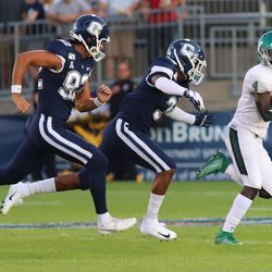 The Wagner Seahawks take on the UConn Huskies in a college football game at Pratt & Whitney Stadium at Rentschler Field in East Hartford, CT on August 29, 2019.