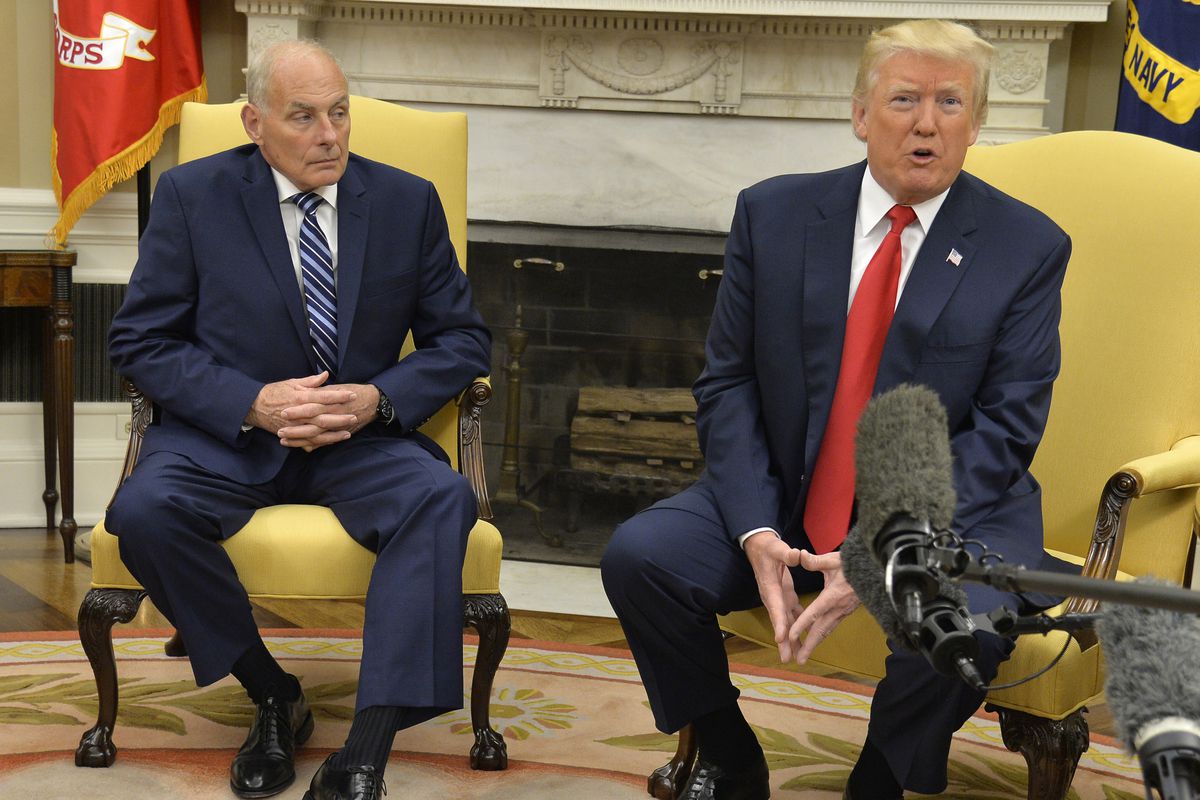 President Donald Trump speaks to the press alongside then-incoming Chief of Staff John Kelly in July 2017 in the White House.