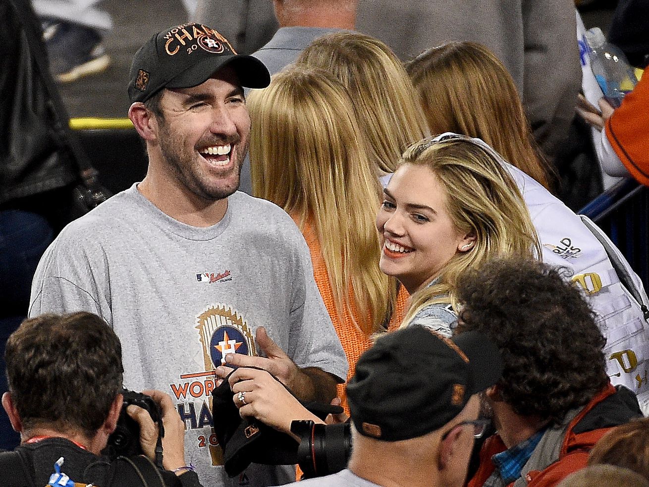 Justin Verlander celebrates with wife Kate Upton after the Astros beat the Dodgers to win the 2017 World Series — two months after the Cubs watched the Astros swamp the field of suitors to land their ace in a trade with Detroit.