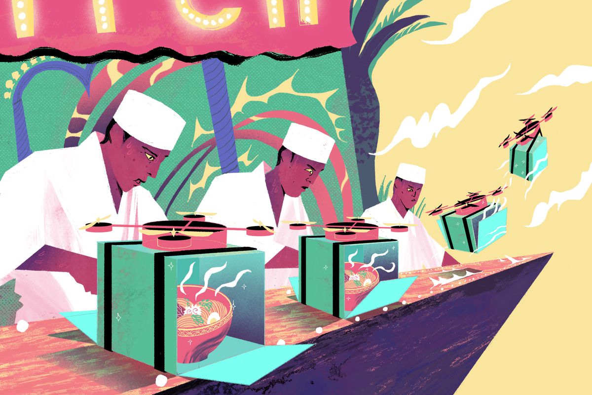 Illustration of three chefs on a balcony placing bowls of food into boxes. Drones attached to the boxes fly them away.
