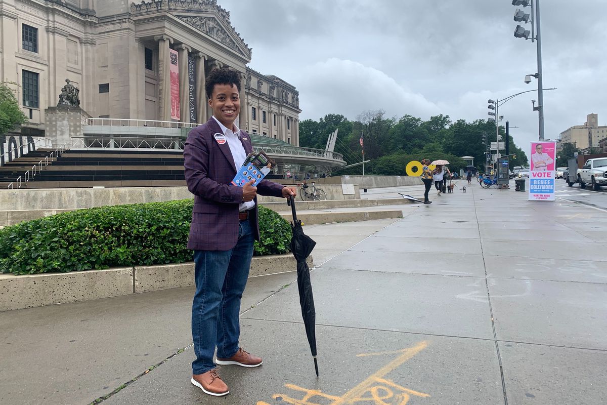 City Council candidate Crystal Hudson campaigns near the Brooklyn Museum on primary day, June 22, 2021.