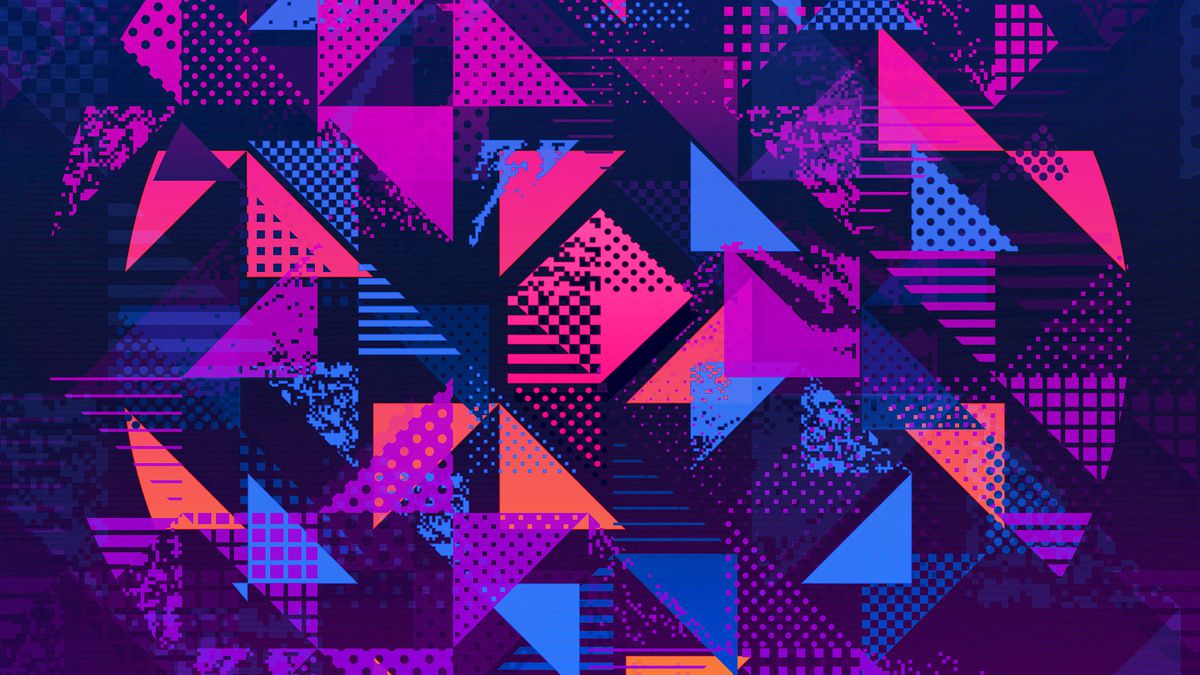 Graphic pattern featuring triangle shapes in blue, purple, orange and pink