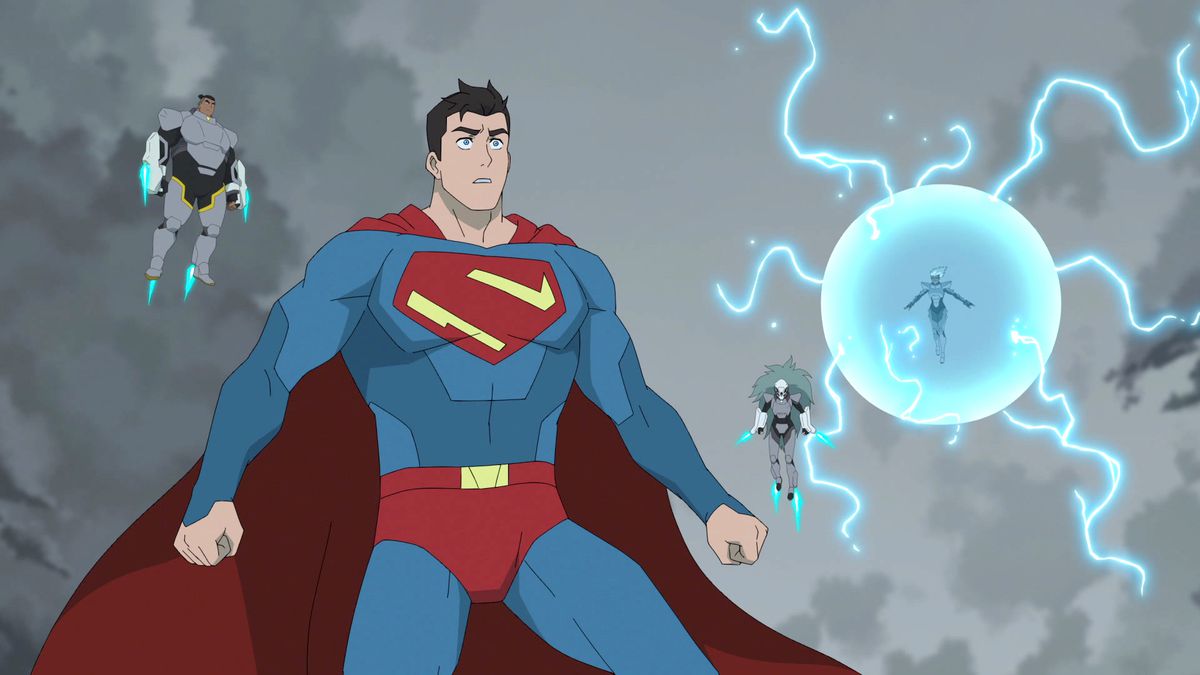 Superman faces off against a squad of bad guys in hovering suits in My Adventures With Superman.
